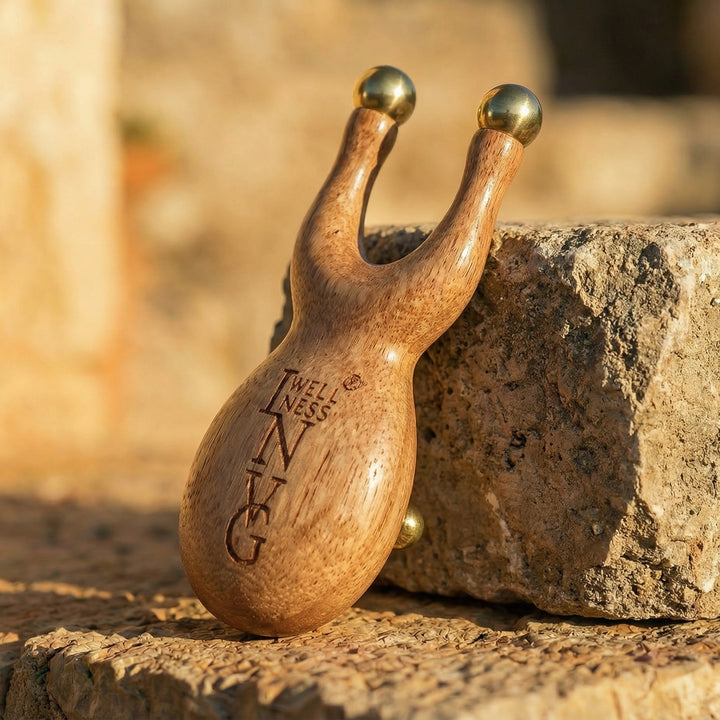 The Brass Scarab standing against a stone